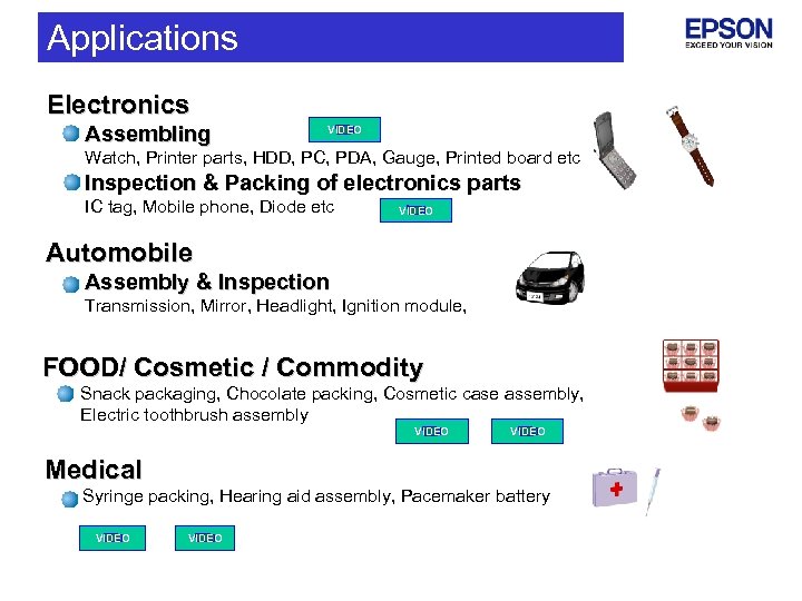 Applications Electronics Assembling VIDEO Watch, Printer parts, HDD, PC, PDA, Gauge, Printed board etc