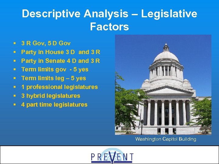 Descriptive Analysis – Legislative Factors § § § § 3 R Gov, 5 D