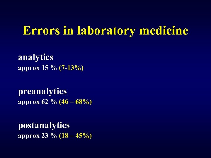 Errors in laboratory medicine analytics approx 15 % (7 -13%) preanalytics approx 62 %