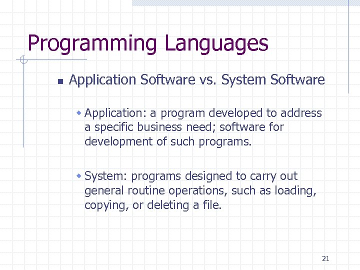 Programming Languages n Application Software vs. System Software w Application: a program developed to