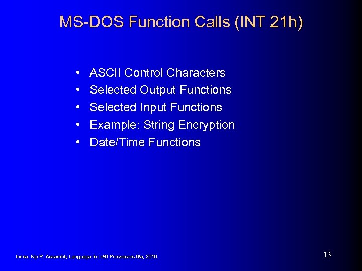 MS-DOS Function Calls (INT 21 h) • • • ASCII Control Characters Selected Output