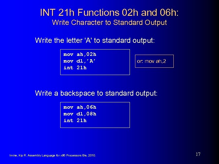 INT 21 h Functions 02 h and 06 h: Write Character to Standard Output