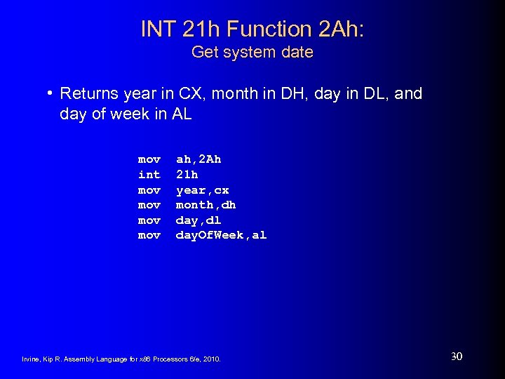 INT 21 h Function 2 Ah: Get system date • Returns year in CX,