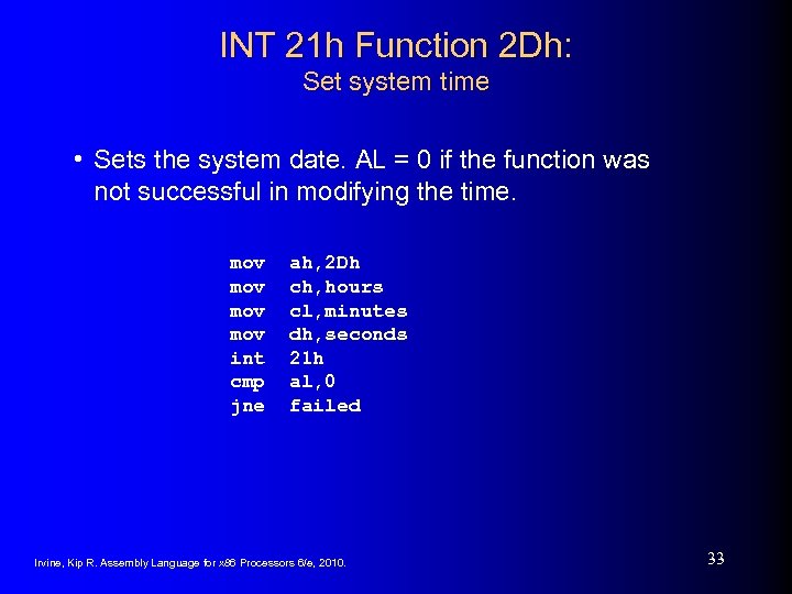 INT 21 h Function 2 Dh: Set system time • Sets the system date.