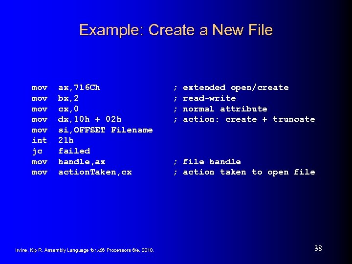 Example: Create a New File mov mov mov int jc mov ax, 716 Ch