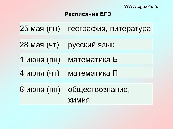 WWW. ege. edu. ru Расписание ЕГЭ 25 мая (пн) география, литература 28 мая (чт)