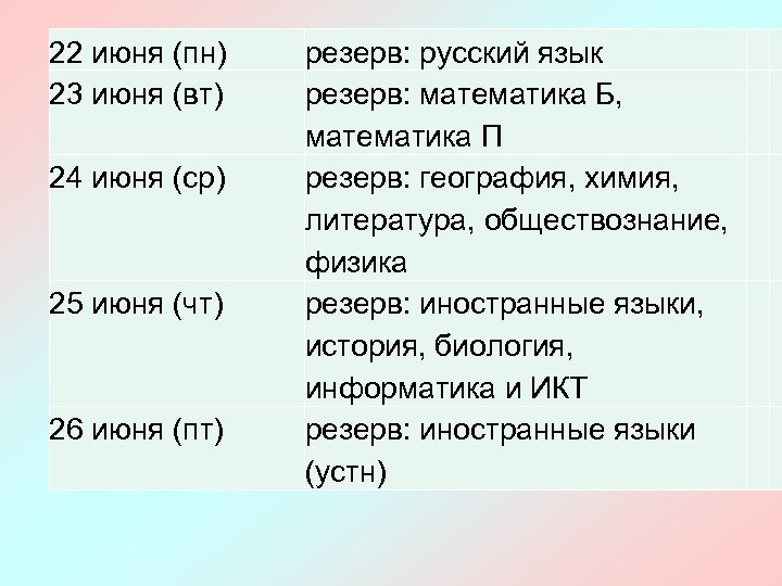 22 июня (пн) 23 июня (вт) 24 июня (ср) 25 июня (чт) 26 июня