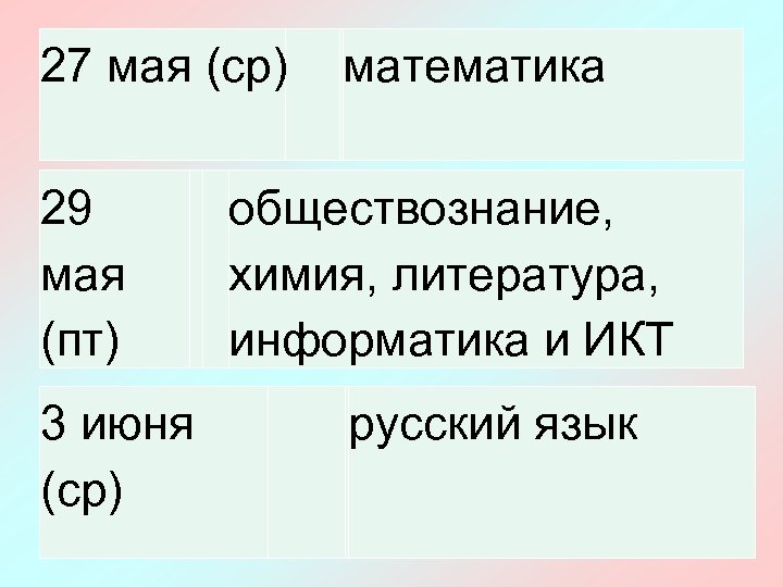 27 мая (ср) атематика м 29 мая (пт) обществознание, химия, литература, информатика и ИКТ
