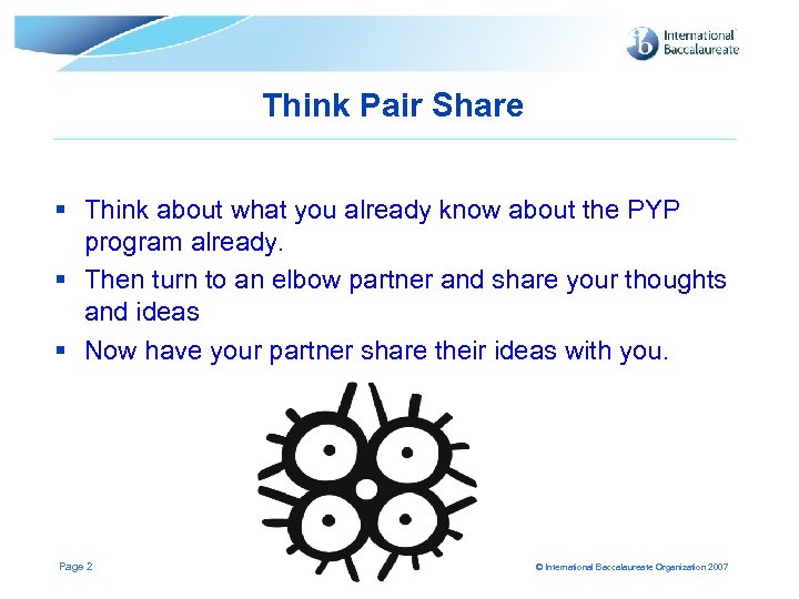 Think Pair Share § Think about what you already know about the PYP program