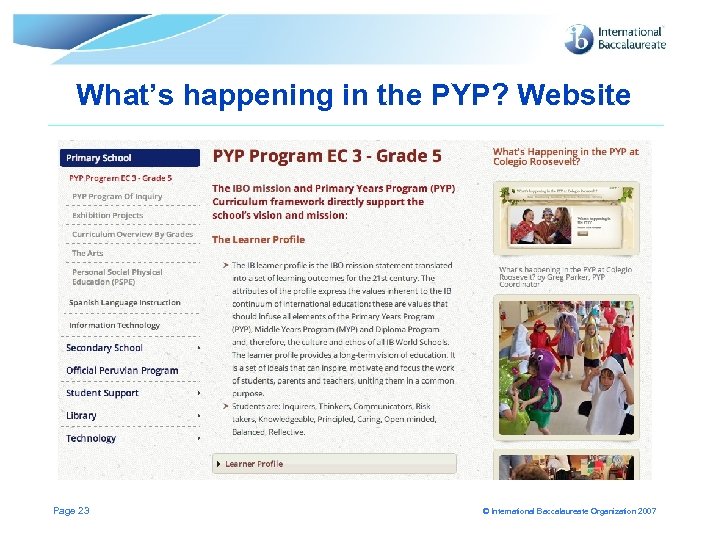 What’s happening in the PYP? Website Page 23 © International Baccalaureate Organization 2007 