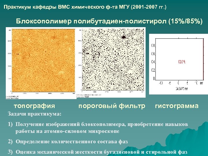 Практикум кафедры ВМС химического ф-та МГУ (2001 -2007 гг. ) Блоксополимер полибутадиен-полистирол (15%/85%) топография