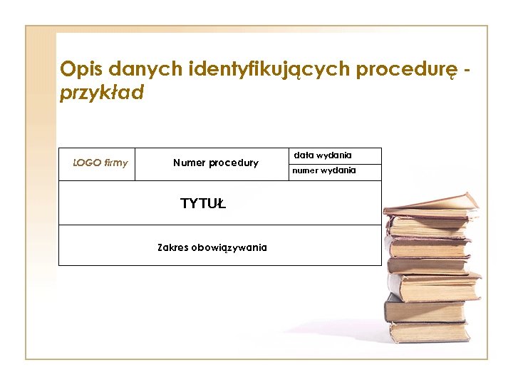 Opis danych identyfikujących procedurę przykład LOGO firmy Numer procedury TYTUŁ Zakres obowiązywania data wydania