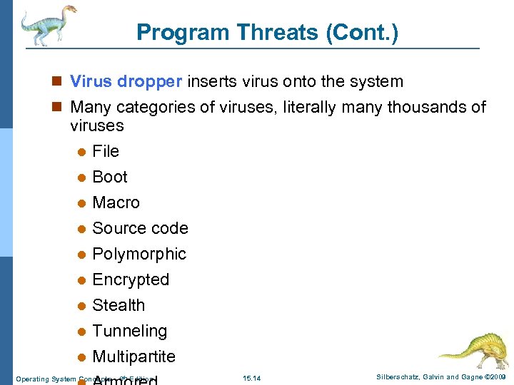 Program Threats (Cont. ) n Virus dropper inserts virus onto the system n Many