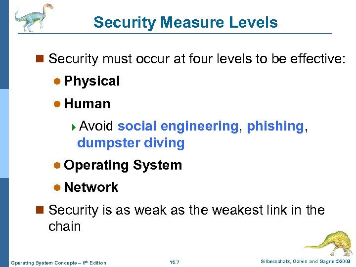 Security Measure Levels n Security must occur at four levels to be effective: l