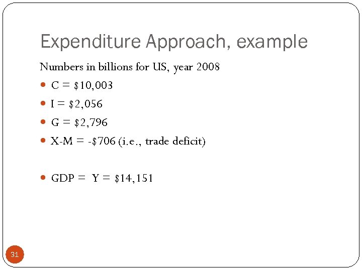 Expenditure Approach, example Numbers in billions for US, year 2008 C = $10, 003