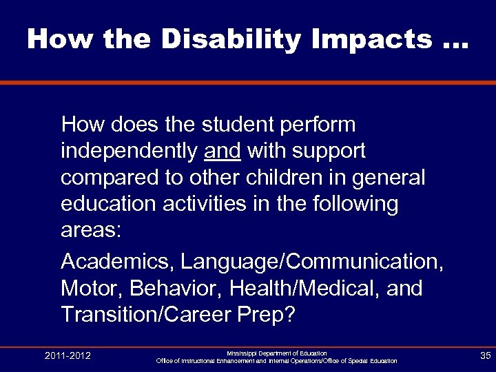 How the Disability Impacts. . . How does the student perform independently and with
