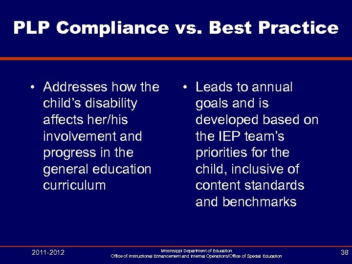 PLP Compliance vs. Best Practice • Addresses how the child’s disability affects her/his involvement