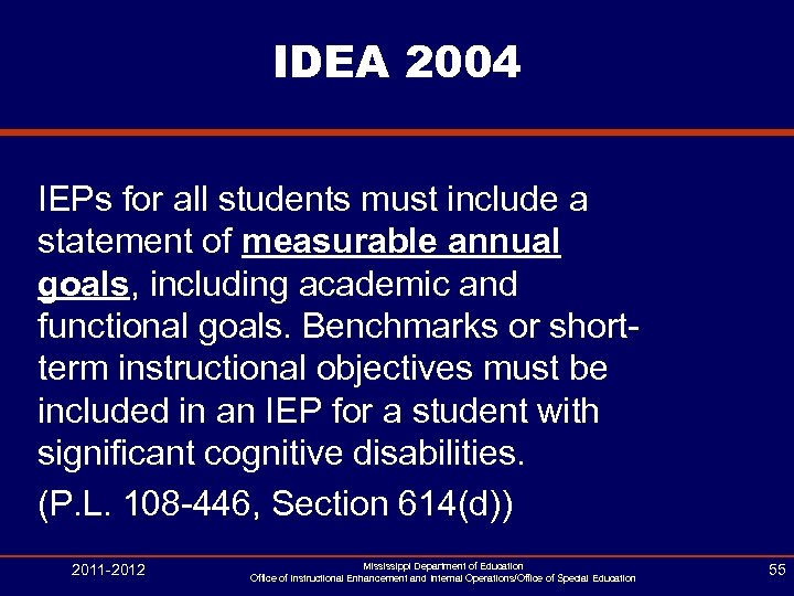 IDEA 2004 IEPs for all students must include a statement of measurable annual goals,