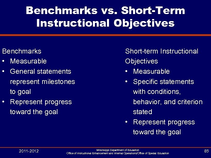Benchmarks vs. Short-Term Instructional Objectives Benchmarks • Measurable • General statements represent milestones to