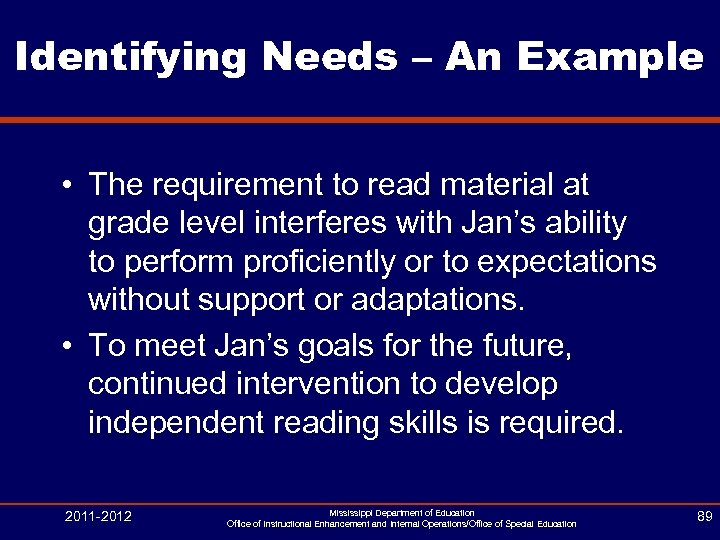 Identifying Needs – An Example • The requirement to read material at grade level