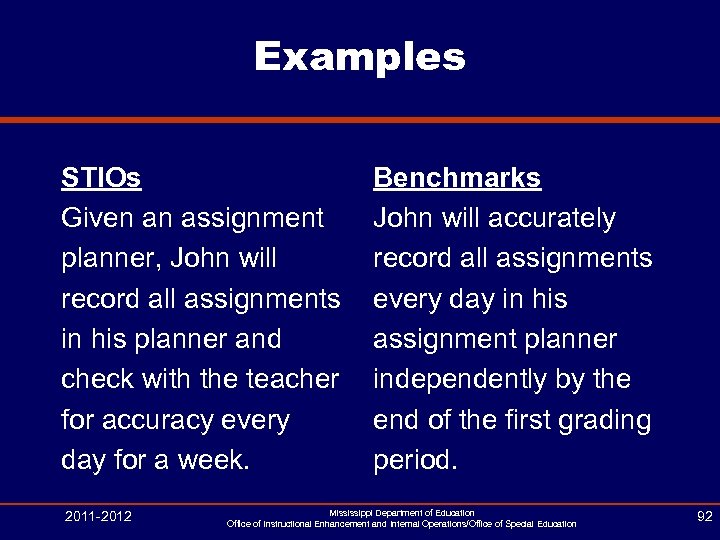 Examples STIOs Given an assignment planner, John will record all assignments in his planner