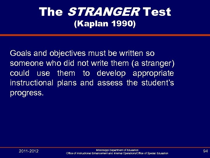 The STRANGER Test (Kaplan 1990) Goals and objectives must be written so someone who
