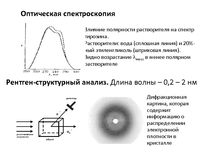Оптическая спектроскопия Влияние полярности растворителя на спектр тирозина. Растворители: вода (сплошная линия) и 20%ный