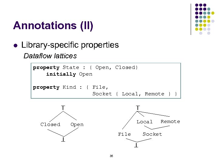 Annotations (II) Library-specific properties Dataflow lattices property State : { Open, Closed} initially Open