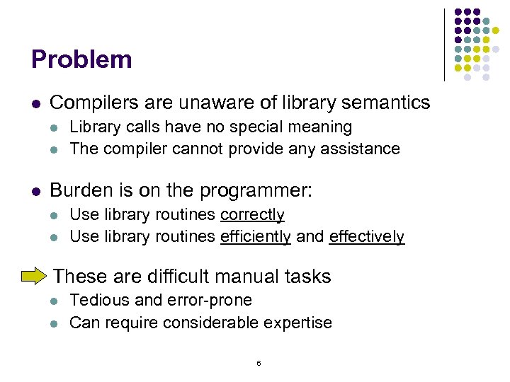 Problem l Compilers are unaware of library semantics l l l Library calls have
