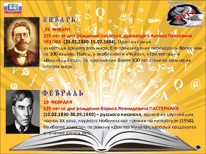  29 ЯНВАРЯ 155 лет со дня рождения писателя, драматурга Антона Павловича ЧЕХОВА (29.
