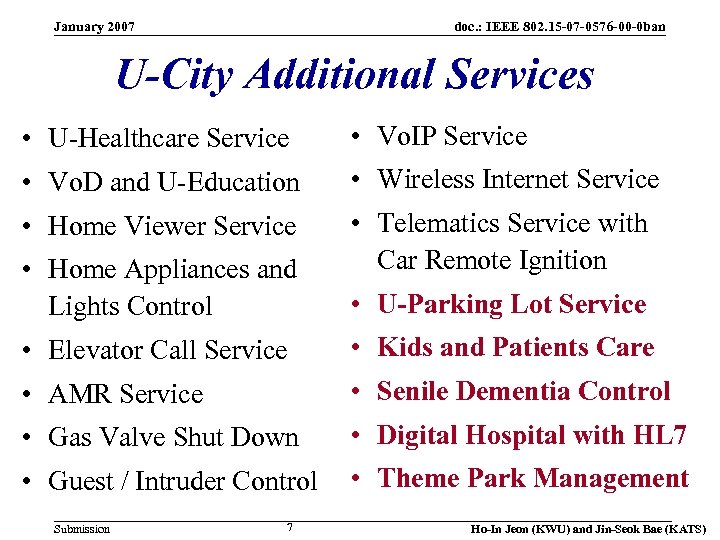 January 2007 doc. : IEEE 802. 15 -07 -0576 -00 -0 ban U-City Additional