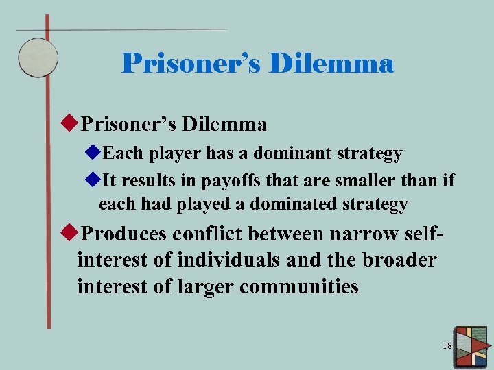 Prisoner’s Dilemma u. Each player has a dominant strategy u. It results in payoffs