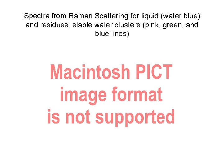 Spectra from Raman Scattering for liquid (water blue) and residues, stable water clusters (pink,