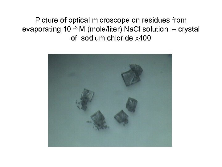 Picture of optical microscope on residues from evaporating 10 -3 M (mole/liter) Na. Cl