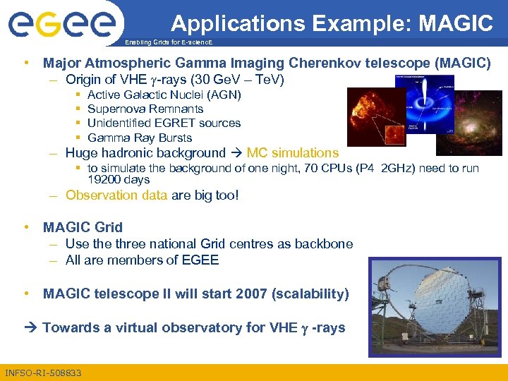Applications Example: MAGIC Enabling Grids for E-scienc. E • Major Atmospheric Gamma Imaging Cherenkov