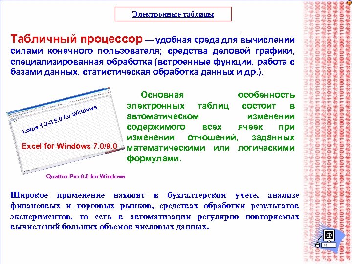Электронные таблицы Табличный процессор — удобная среда для вычислений силами конечного пользователя; средства деловой