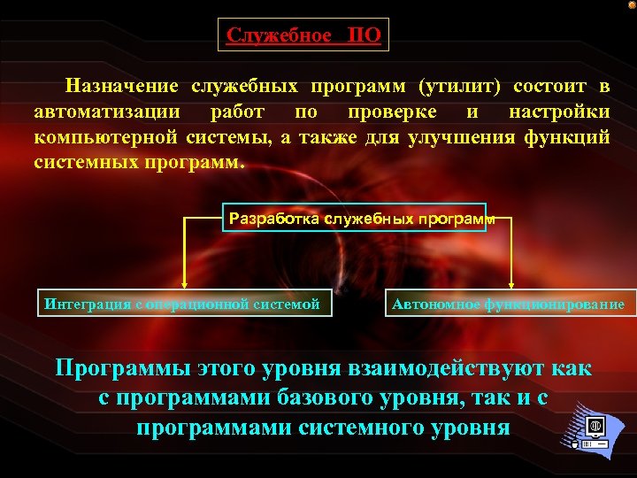 Служебное ПО Назначение служебных программ (утилит) состоит в автоматизации работ по проверке и настройки