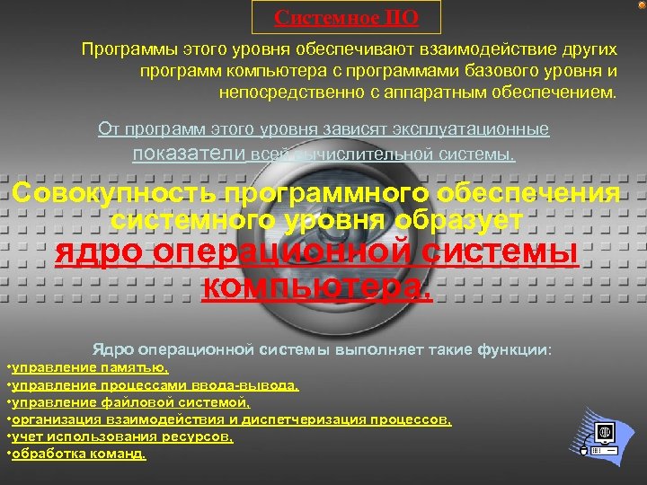 Системное ПО Программы этого уровня обеспечивают взаимодействие других программ компьютера с программами базового уровня