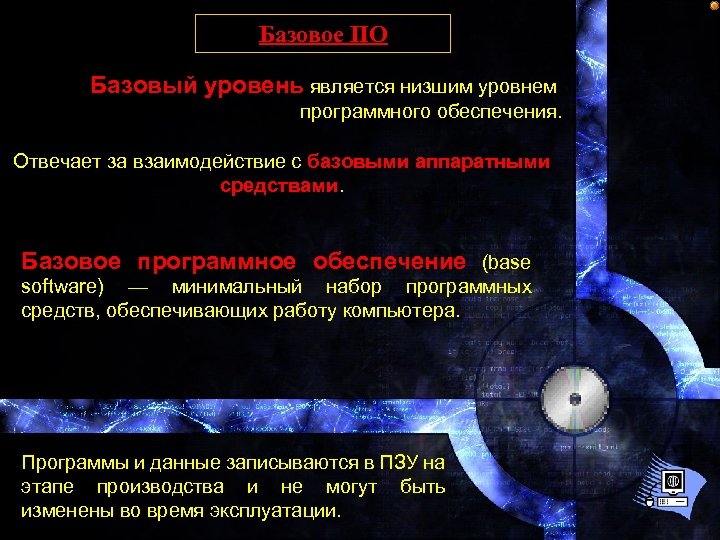 Базовое ПО Базовый уровень является низшим уровнем программного обеспечения. Отвечает за взаимодействие с базовыми