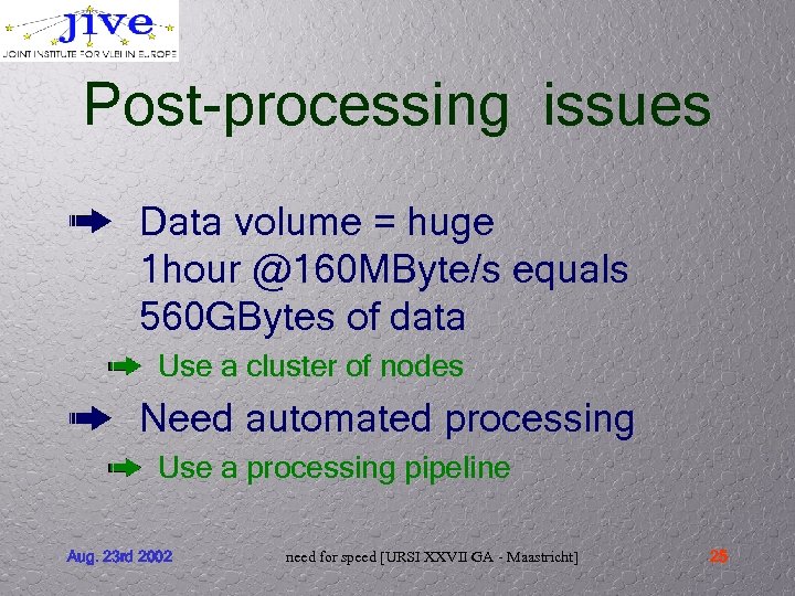 Post-processing issues Data volume = huge 1 hour @160 MByte/s equals 560 GBytes of