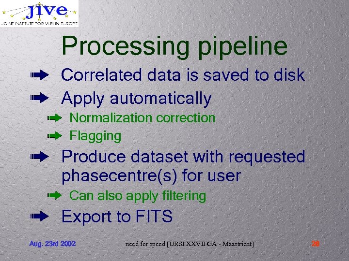 Processing pipeline Correlated data is saved to disk Apply automatically Normalization correction Flagging Produce