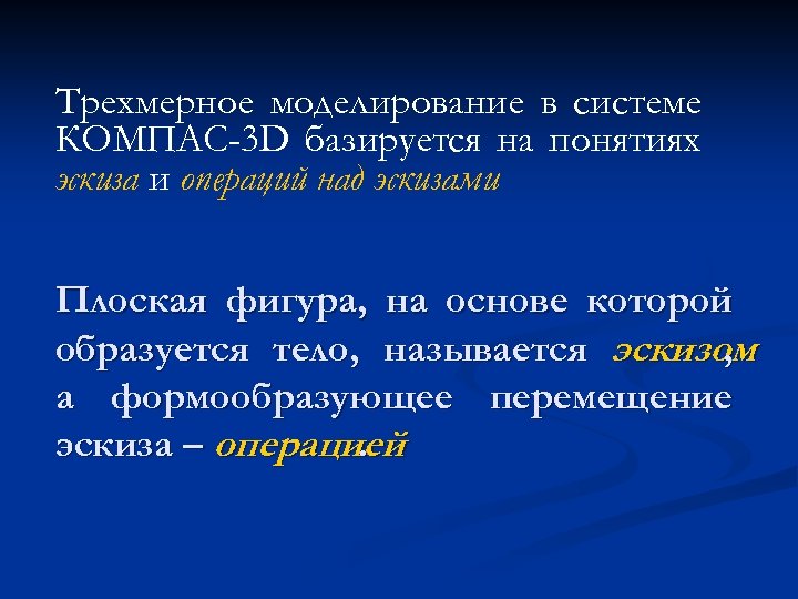 Трехмерное моделирование в системе КОМПАС-3 D базируется на понятиях эскиза и операций над эскизами