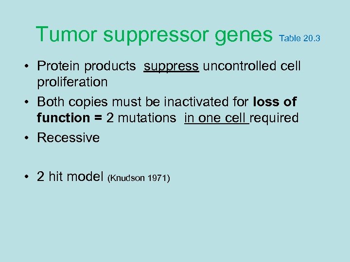 Tumor suppressor genes Table 20. 3 • Protein products suppress uncontrolled cell proliferation •