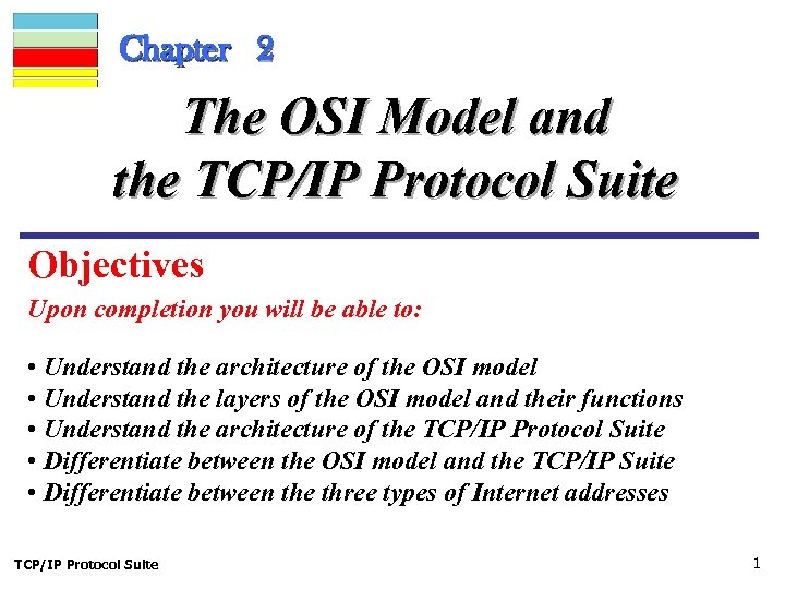 Chapter 2 The OSI Model and the TCP/IP Protocol Suite Objectives Upon completion you