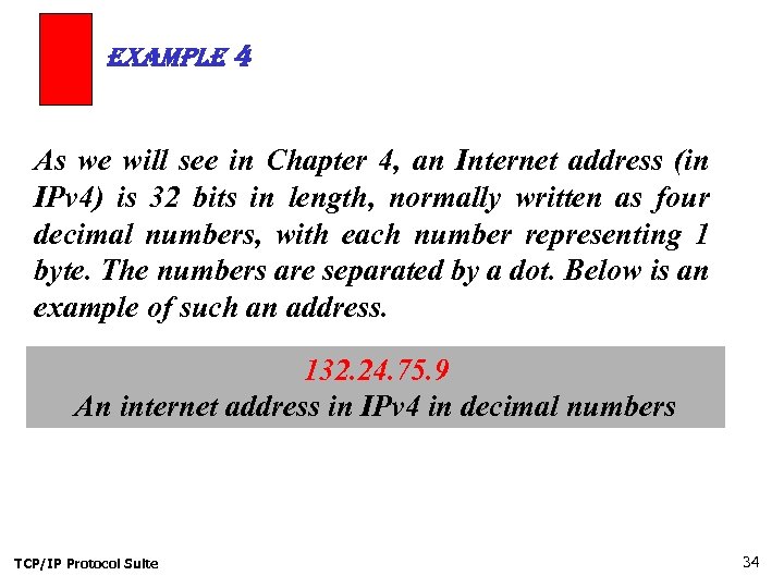 example 4 As we will see in Chapter 4, an Internet address (in IPv