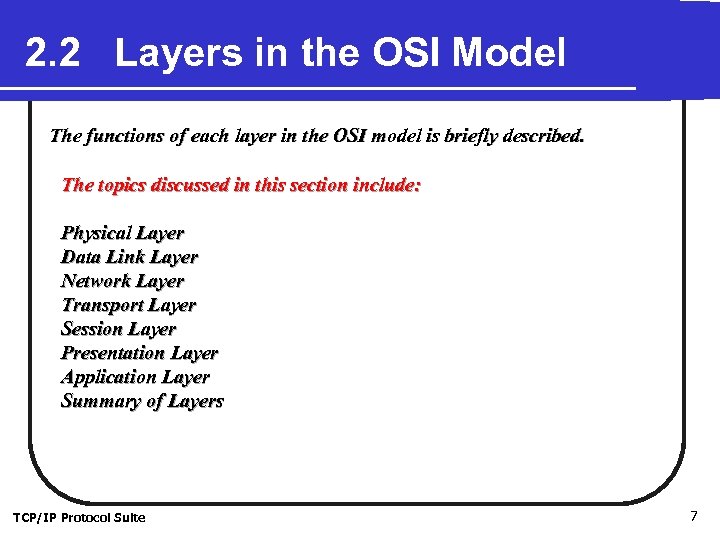 2. 2 Layers in the OSI Model The functions of each layer in the