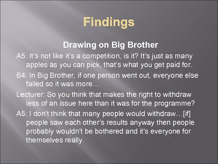 Findings Drawing on Big Brother A 5: It’s not like it’s a competition, is