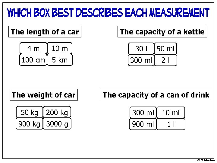 The length of a car 4 m 100 cm 5 km The weight of