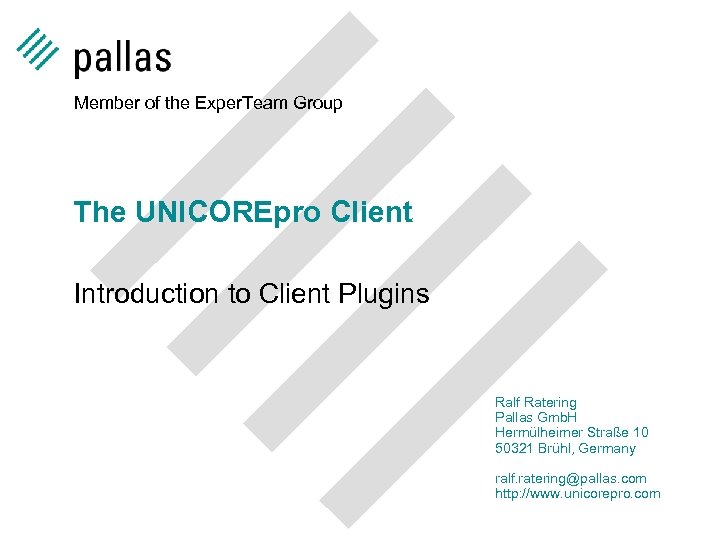 Member of the Exper. Team Group The UNICOREpro Client Introduction to Client Plugins Ralf