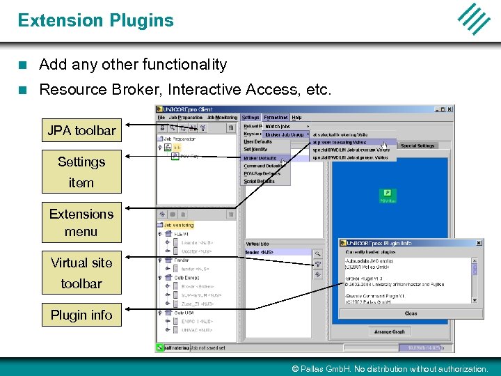 Extension Plugins n Add any other functionality n Resource Broker, Interactive Access, etc. JPA